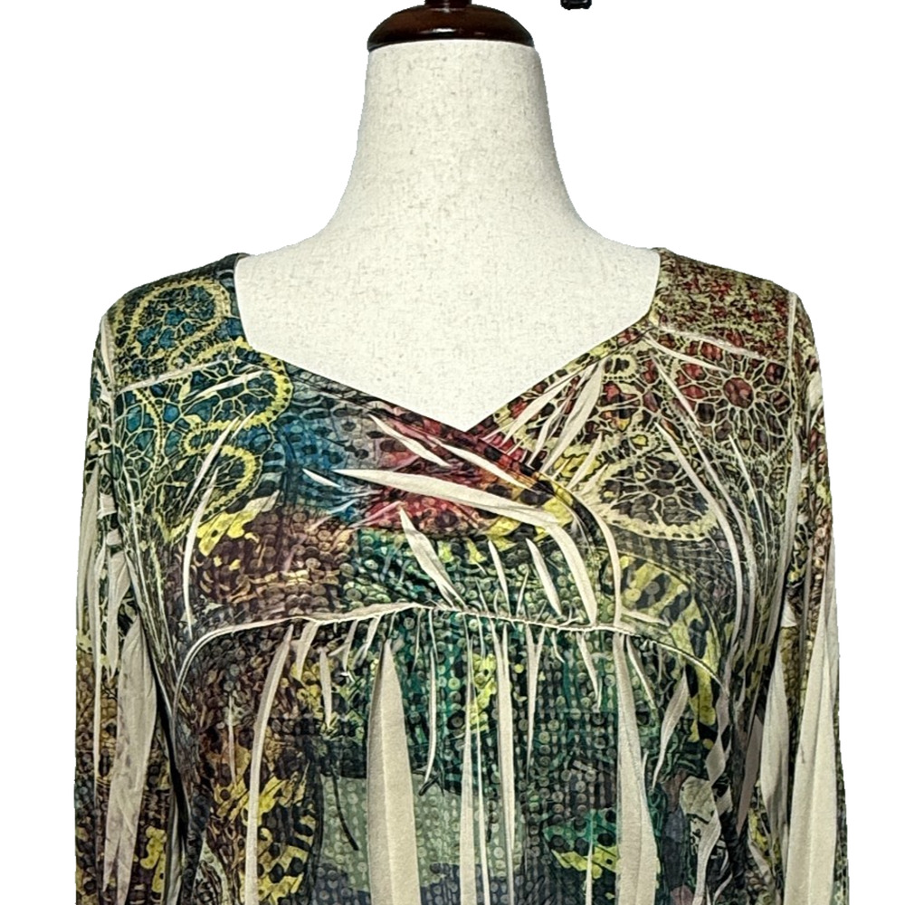 One‎ World Top Womens XL Blue Red Colorful Shark Bite Hem Sequins Boho Tunic